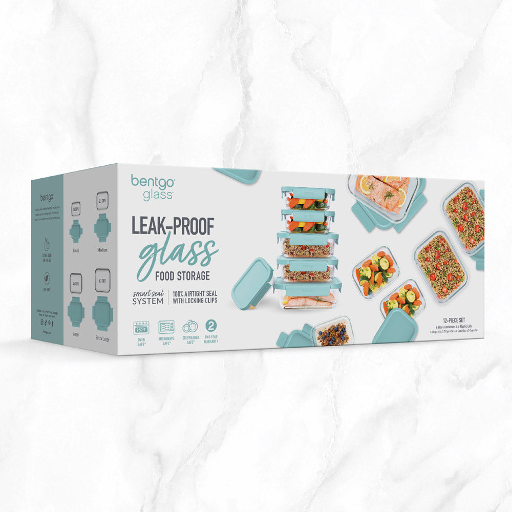 Bentgo® Glass Leak-Proof Food Storage Set (12-Piece) - Soft Aqua | Packaging