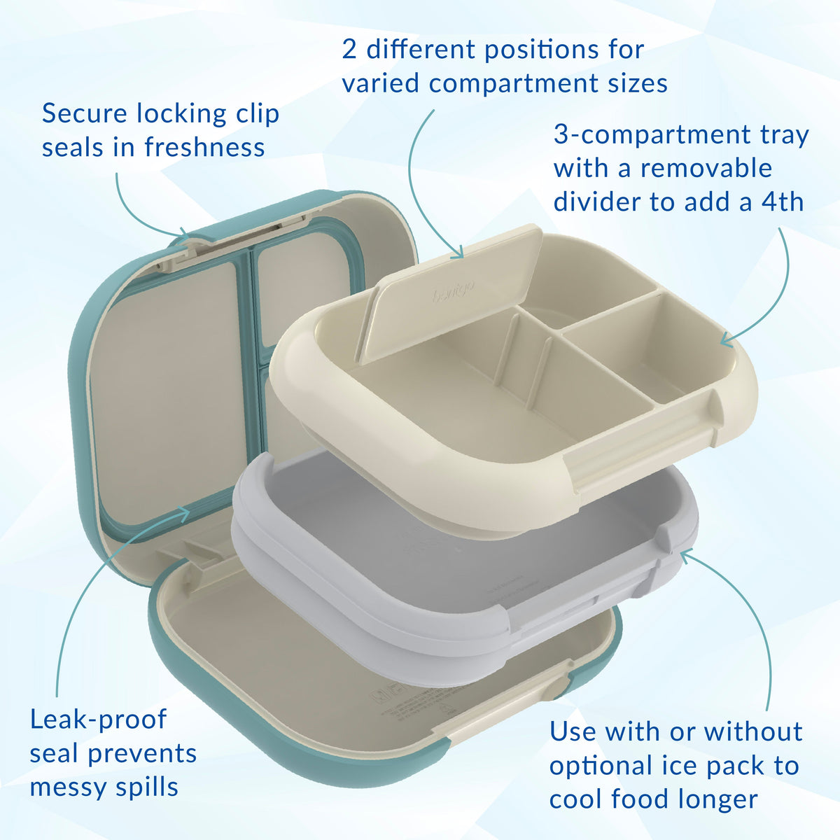 Bentgo® Chill Max Lunch Box - Bone and Glacier Blue | Secure Locking Clip, 2 Different Positions For Varied Compartment Sizes, 3-Compartment Tray With A Removable Divider To Add A 4th, Leak-Proof Seal Prevents Messy Spills, And Use With Or Without Optional Ice Pack To Cool Food Longer