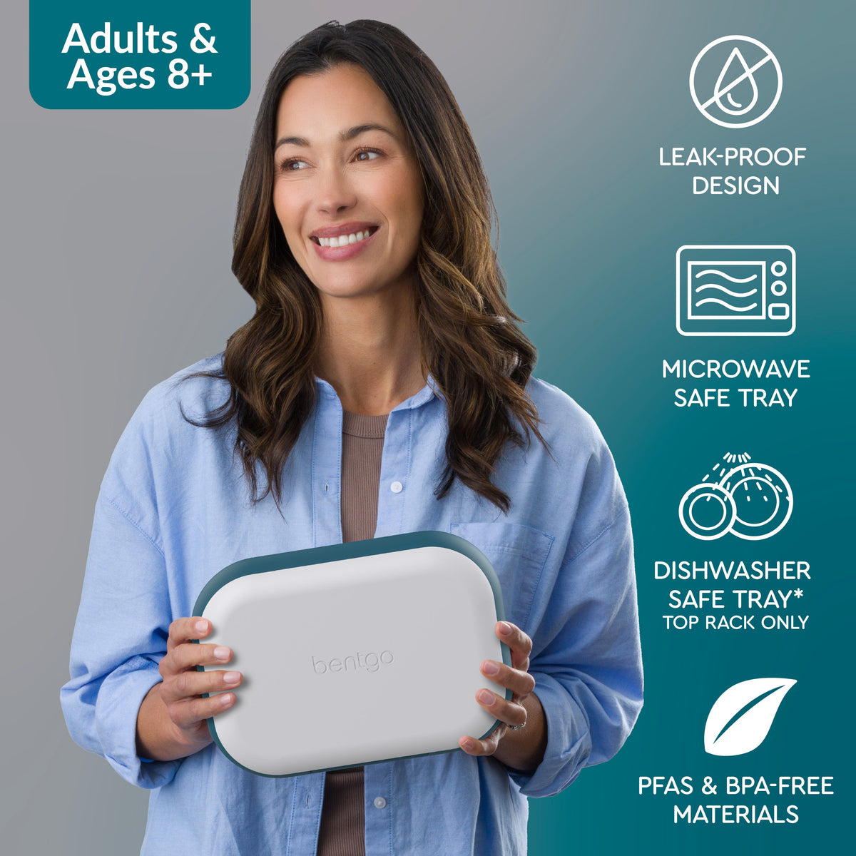 Bentgo® Chill Max Lunch Box - Fog and Deep Teal | Leak-Proof Design, Microwave Safe Tray, Dishwasher Safe Tray (Top Rack Only), And Made With PFAS & BPA-Free Materials