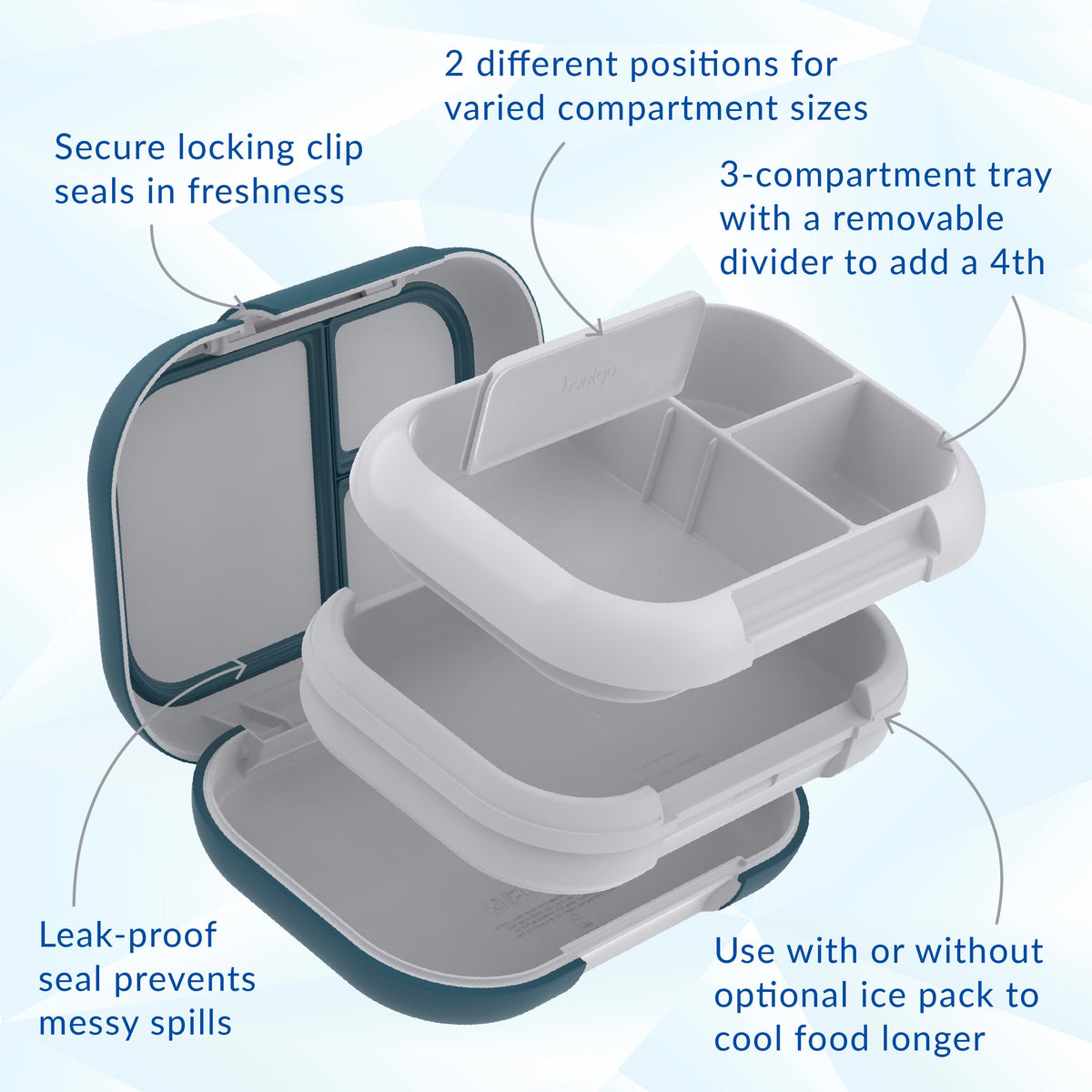 Bentgo® Chill Max Lunch Box - Fog and Deep Teal | Secure Locking Clip, 2 Different Positions For Varied Compartment Sizes, 3-Compartment Tray With A Removable Divider To Add A 4th, Leak-Proof Seal Prevents Messy Spills, And Use With Or Without Optional Ice Pack To Cool Food Longer