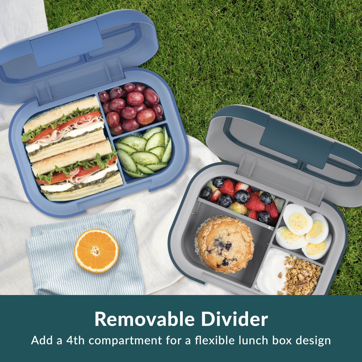 Bentgo® Chill Max Lunch Box (2-Pack) - Fog/Deep Teal & Canal/Sail Blue | Removable Divider - Add A 4th Compartment For A Flexible Lunch Box Design