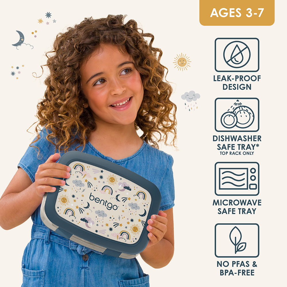 Bentgo Kids Prints Lunch Box - Friendly Skies | Leak-Proof Design, Dishwasher Safe Tray (Top Rack Only), Microwave Safe Tray And No PFAS & BPA-Free