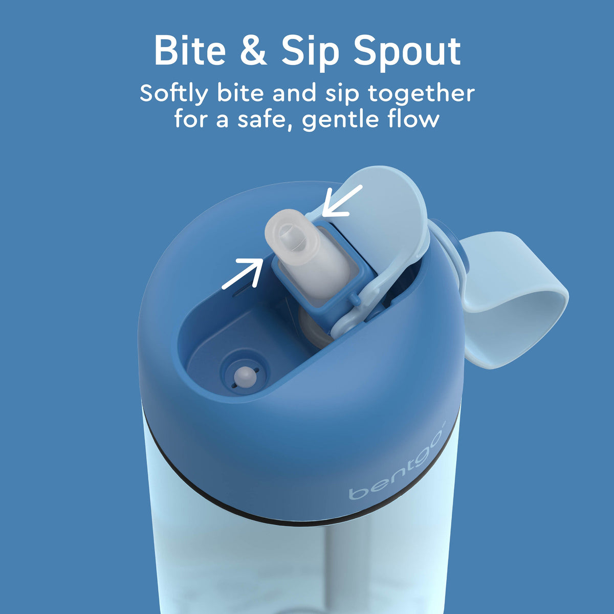 Bentgo® Kids Water Bottle - Blue | Bite & Sip Spout - Softly Bite And Sip Together For A Safe, Gentle Flow