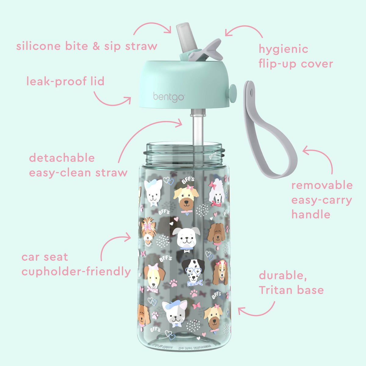 Bentgo® Kids Water Bottle - Puppy Love | Hygienic Flip-Up Cover, Silicone Bite & Sip Straw, Leak-Proof Lid, Detachable Easy-Clean Straw, Durable Tritan Base, And Removable Easy-Carry Handle