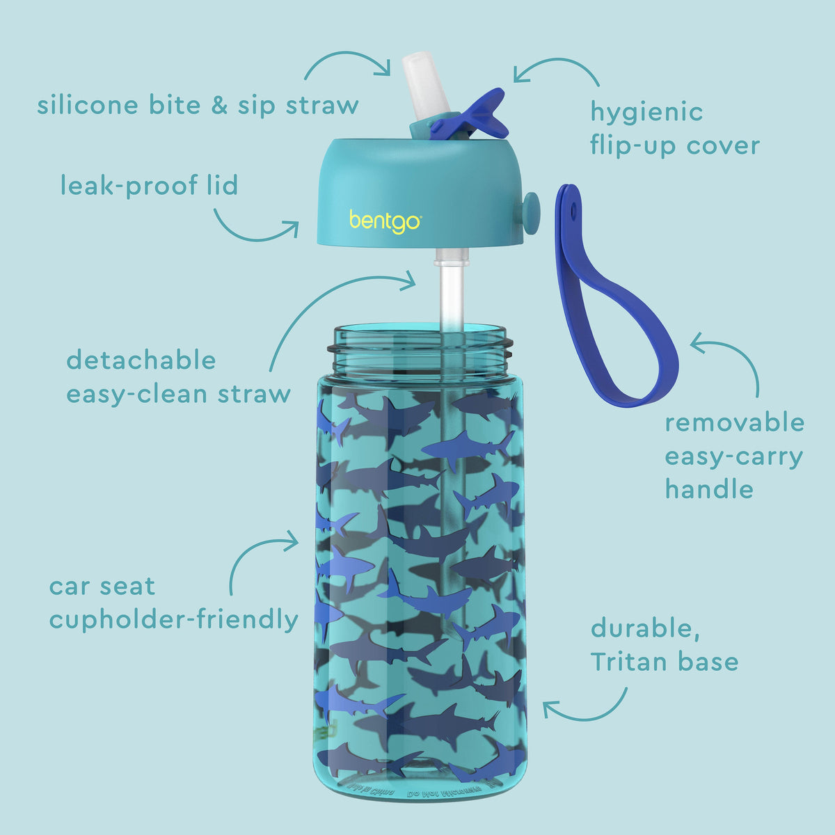 Bentgo® Kids Water Bottle - Sharks | Hygienic Flip-Up Cover, Silicone Bite & Sip Straw, Leak-Proof Lid, Detachable Easy-Clean Straw, Durable Tritan Base, And Removable Easy-Carry Handle