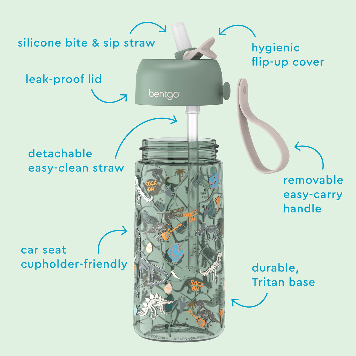 Bentgo® Kids Prints Water Bottle (2-Pack) - Dinosaur/Dino Fossils | Hygienic Flip-Up Cover, Silicone Bite & Sip Straw, Leak-Proof Lid, Detachable Easy-Clean Straw, Durable Tritan Base, And Removable Easy-Carry Handle