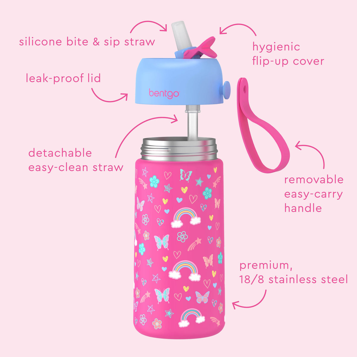 Bentgo® Kids Stainless Steel Insulated Water Bottle - Rainbows and Butterflies | Water Bottle Features Silicone Bite & Sip Straw, Hygienic Flip-Up Cover, Leak-Proof Lid, Premium, 18/8 Stainless Steel And Much More