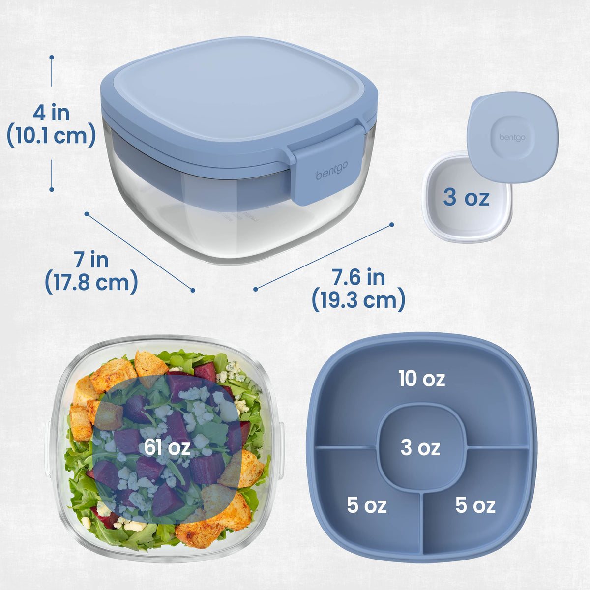 Bentgo® Glass Salad Container - Light Blue | Salad Container Dimensions
