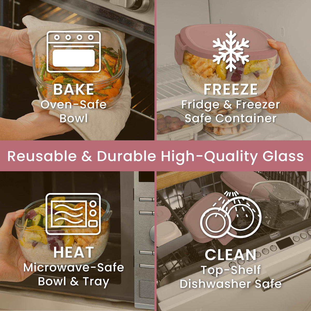 Bentgo® Glass Salad Container - Rose | Made With Reusable & Durable High-Quality Glass. Oven Safe, Fridge & Freezer Safe, Microwave Safe, and Top-Shelf Dishwasher Safe