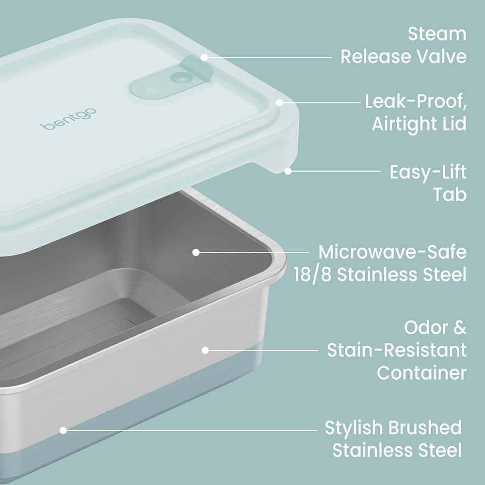 Bentgo® MicroSteel Heat & Eat Container - Family Size 8.5 Cups - Aqua | Steam Release Valve, Leak-Proof Airtight Lid, Easy-Lift Tab, Microwave-Safe 18/8 Stainless Steel, Odor & Stain-Resistant Container, And Stylish Brushed Stainless Steel