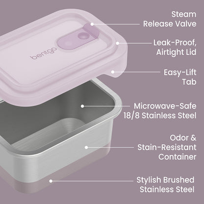 Bentgo® MicroSteel Heat & Eat Container - Lunch Size 3 Cups - Dusk | Steam Release Valve, Leak-Proof Airtight Lid, Easy-Lift Tab, Microwave-Safe 18/8 Stainless Steel, Odor & Stain-Resistant Container, And Stylish Brushed Stainless Steel