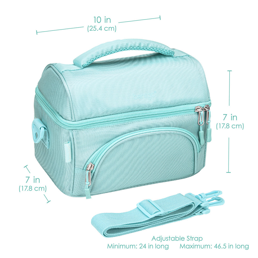 Bentgo Deluxe Lunch Bag in Coastal Aqua. Dimensions image.