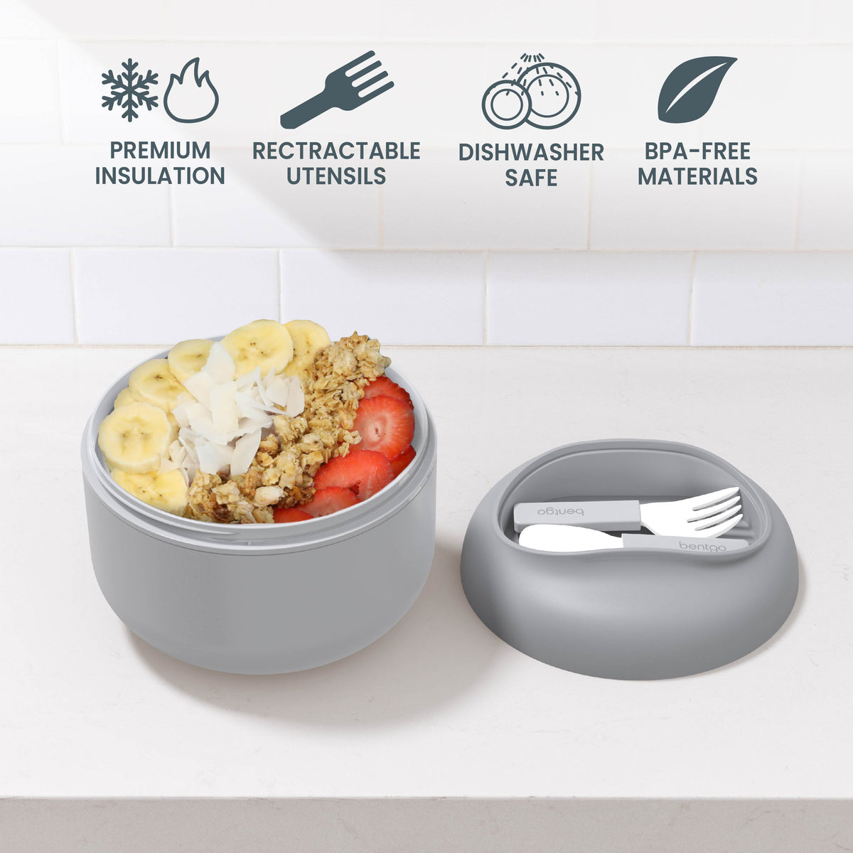 Bentgo® Bowl (2-Pack) - Gray | Premium Insulation, Retractable Utensils, Dishwasher Safe, And BPA-Free Materials