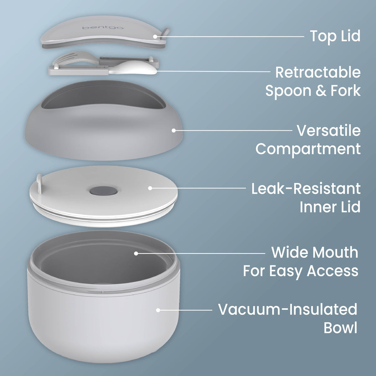 Bentgo® Bowl (2-Pack) - Gray | Top Lid, Retractable Spoon & Fork, Versatile Compartment, Wide Mouth For Easy Access, Leak-Resistant Inner Lid, And Vacuum-Insulated Bowl