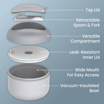 Bentgo® Bowl (2-Pack) - Gray | Top Lid, Retractable Spoon & Fork, Versatile Compartment, Wide Mouth For Easy Access, Leak-Resistant Inner Lid, And Vacuum-Insulated Bowl