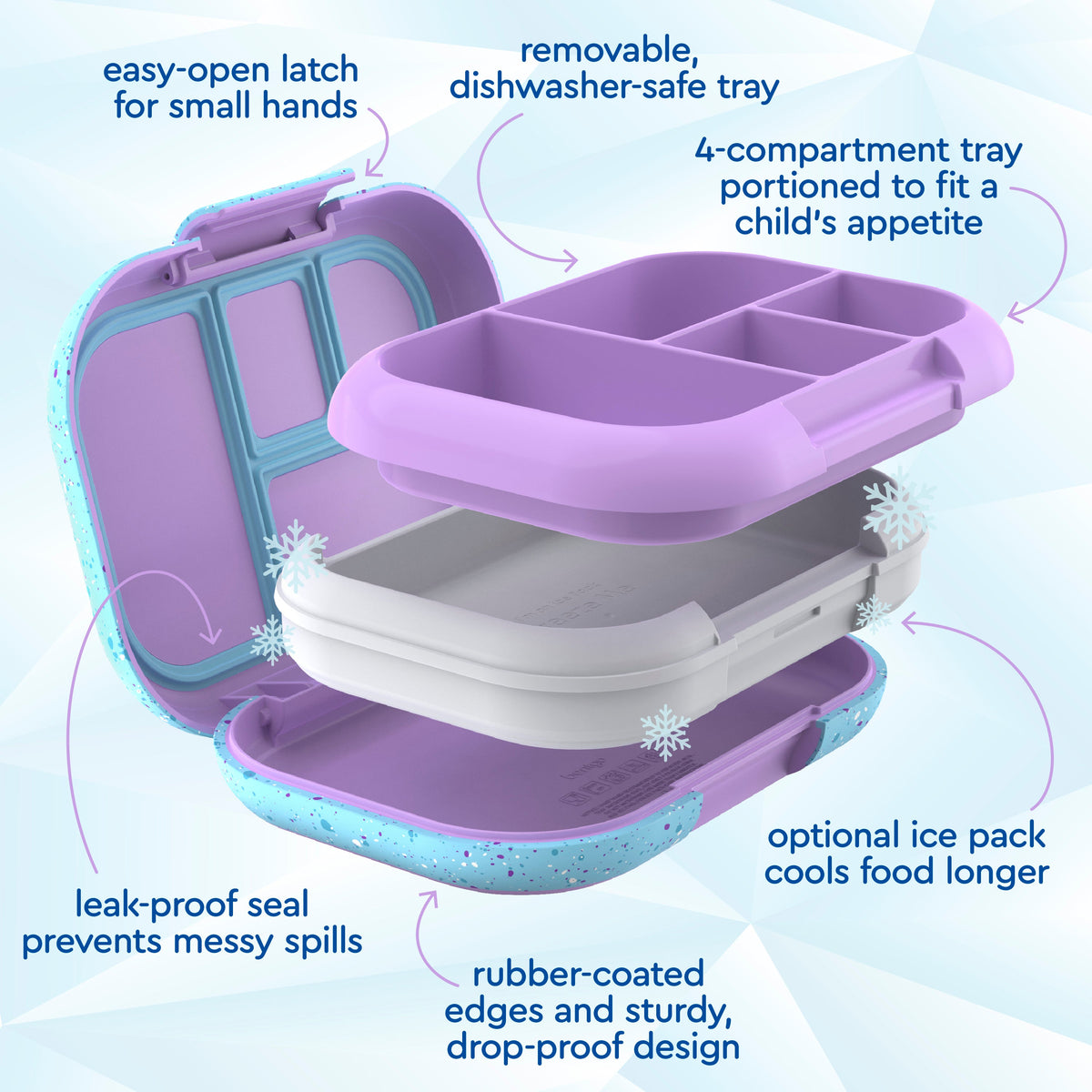 Bentgo® Chill Kids Lunch Box - Vivid Orchid Speckle | Easy-Open Latch For Small Hands, Removable, Dishwasher-Safe Tray, 4-Compartment Tray Portioned To Fit A Child’s Appetite, Leak-Proof Seal Prevents Messy Spills, Optional Ice Pack Cools Food Longer, Rubber-Coated Edges And Sturdy, Drop-Proof Design