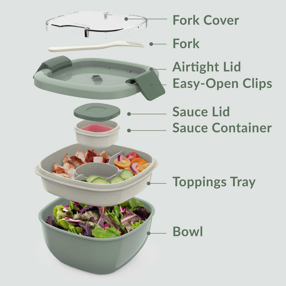 Bentgo® All-in-One Salad Container - Khaki Green | Includes Fork Cover, Fork, Airtight Lid, Easy-Open Clips, Sauce Lid, Sauce Container, Toppings Tray, And Bowl