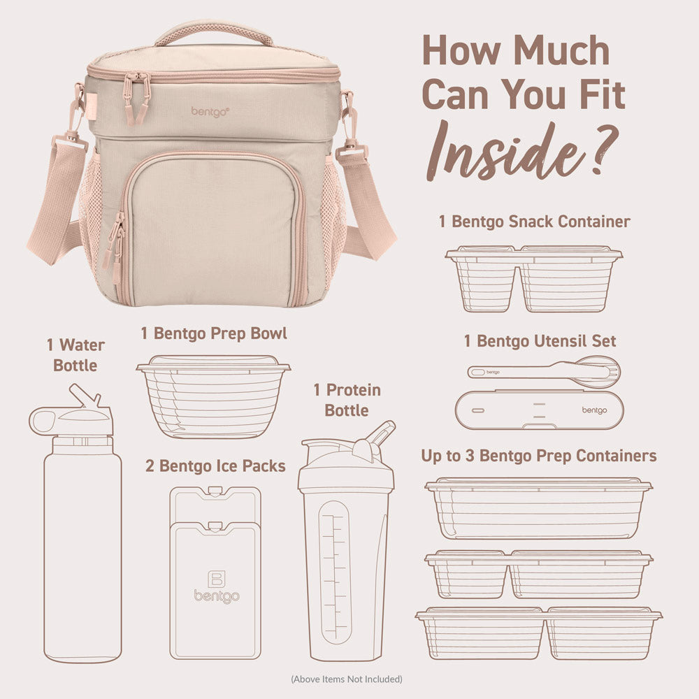 Bentgo Prep Deluxe Multimeal Bag in Sand can fit 1 snack container, up to 3 prep containers, 1 prep bowl, 2 ice packs, 2 bottles, and a utensil set.