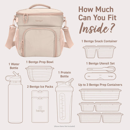 Bentgo Prep Deluxe Multimeal Bag in Sand can fit 1 snack container, up to 3 prep containers, 1 prep bowl, 2 ice packs, 2 bottles, and a utensil set.