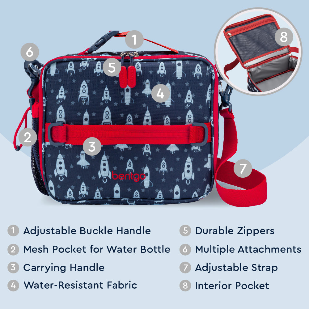 Bentgo® Kids Prints Lunch Bag - Space Rockets | Adjustable Buckle Handle, Mesh Pocket for Water Bottle, Carrying Handle, Water-Resistant Fabric, Durable Zippers, Multiple Attachments, Adjustable Strap, Interior Pocket