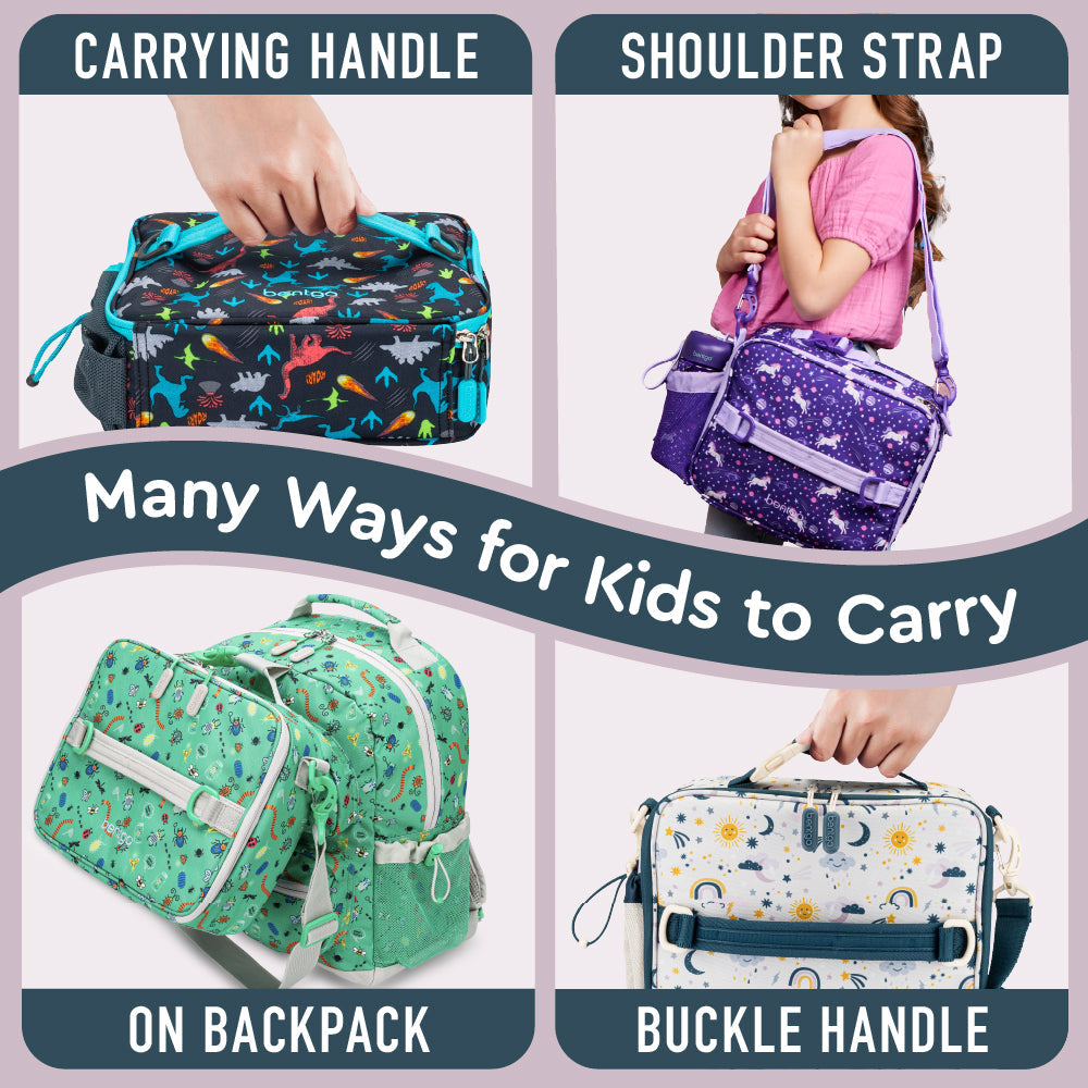 Bentgo® Kids Prints Lunch Bag - Friendly Skies | Many Ways For Kids To Carry - Carrying Handle, Shoulder Strap, On Backpack, And Buckle Handle