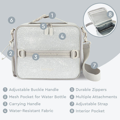 Bentgo® Kids Lunch Bag - Silver Glitter | Adjustable Buckle Handle, Mesh Pocket for Water Bottle, Carrying Handle, Water-Resistant Fabric, Durable Zippers, Multiple Attachments, Adjustable Strap, Interior Pocket