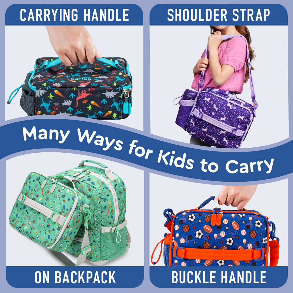 Bentgo® Kids Prints Lunch Bag - Sports | Many Ways For Kids To Carry - Carrying Handle, Shoulder Strap, On Backpack, And Buckle Handle