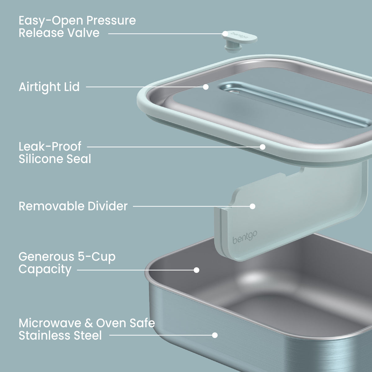 Bentgo® MicroSteel Lunch Box - Aqua | Easy-Open Pressure Release Valve, Airtight Lid, Leak-Proof Silicone Seal, Removable Divider, Generous 5-Cup Capacity, And Microwave & Oven Safe Stainless Steel